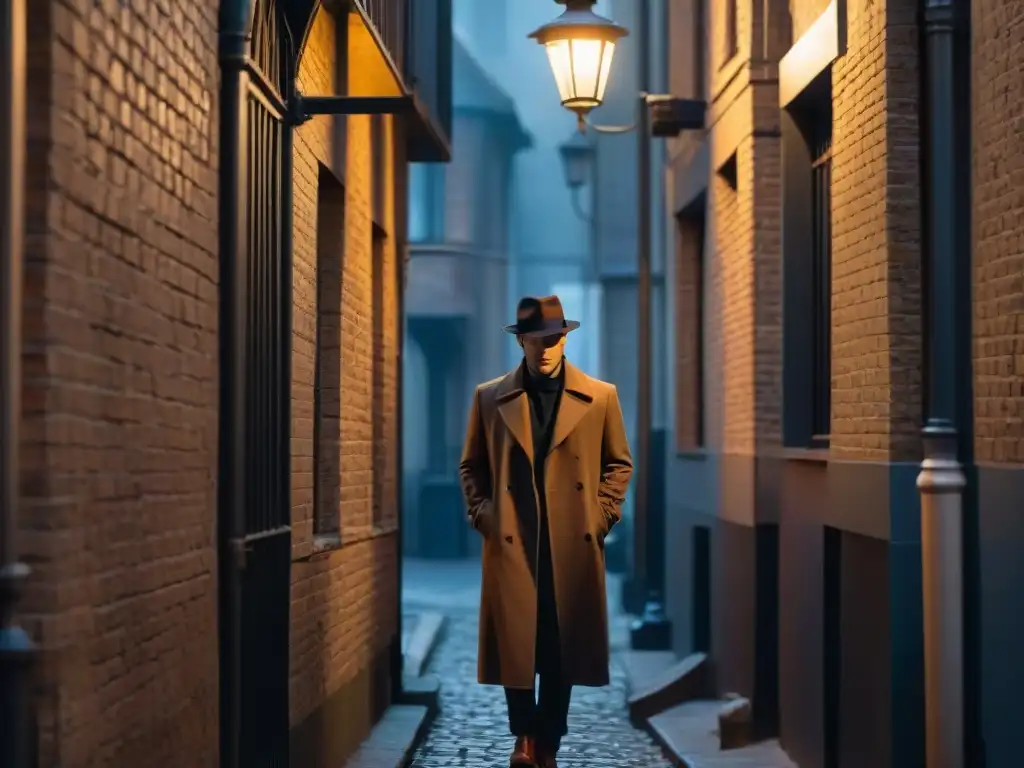 Un misterioso personaje en Luther, en un callejón oscuro iluminado por una farola, creando una atmósfera noir