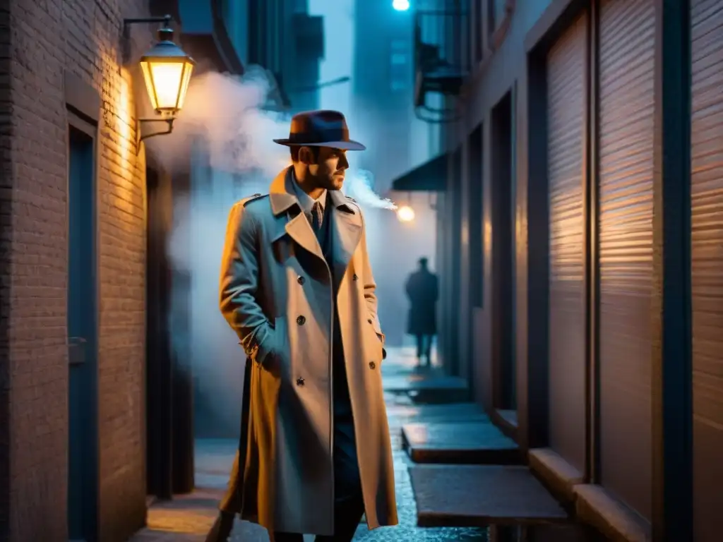 Un misterioso personaje fumando en un callejón oscuro de la ciudad, creando una atmósfera de cine de misterio con sombras y niebla