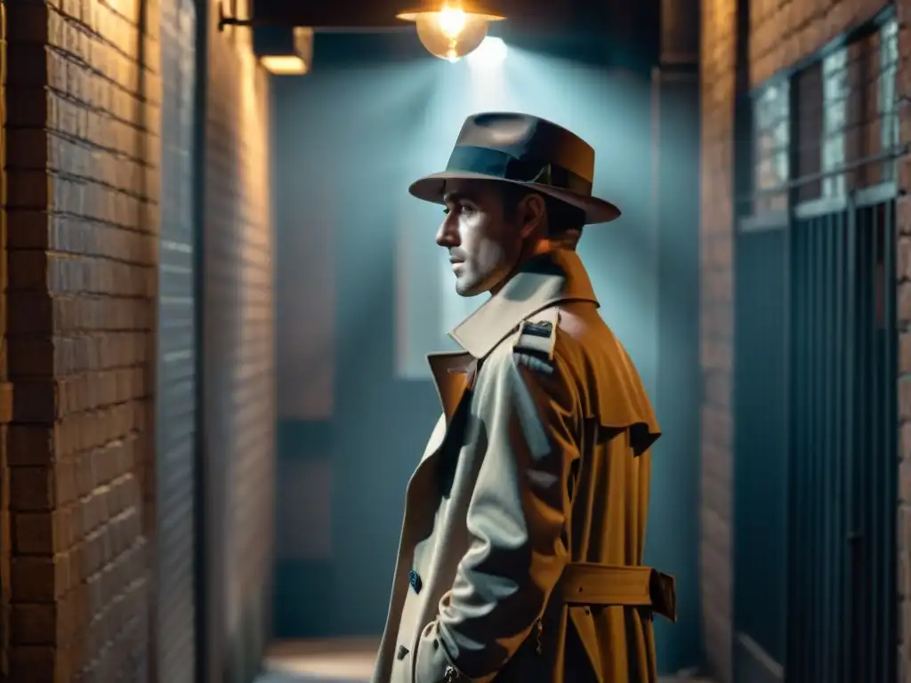 Figura misteriosa en callejón, noir y suspense Un misterioso personaje en un callejón oscuro evoca momentos inolvidables de televisión misterio