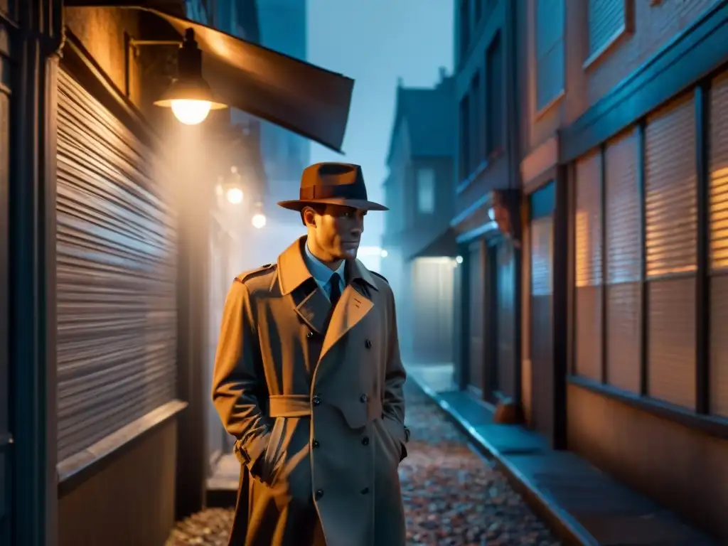 Un misterioso personaje en un callejón oscuro por la noche, iluminado por una farola parpadeante, evocando un thriller psicológico en Gone Girl