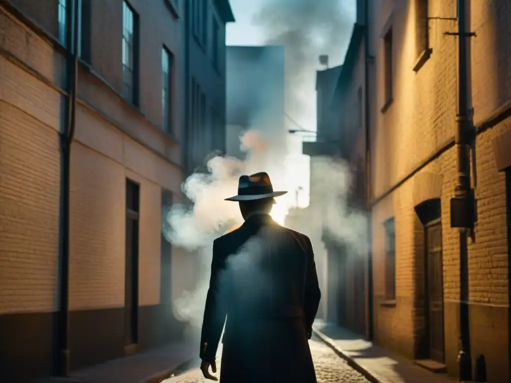 Un misterioso personaje en un callejón, sombras y humo, evoca la atmósfera de películas de misterio innovadoras en la Era Digital