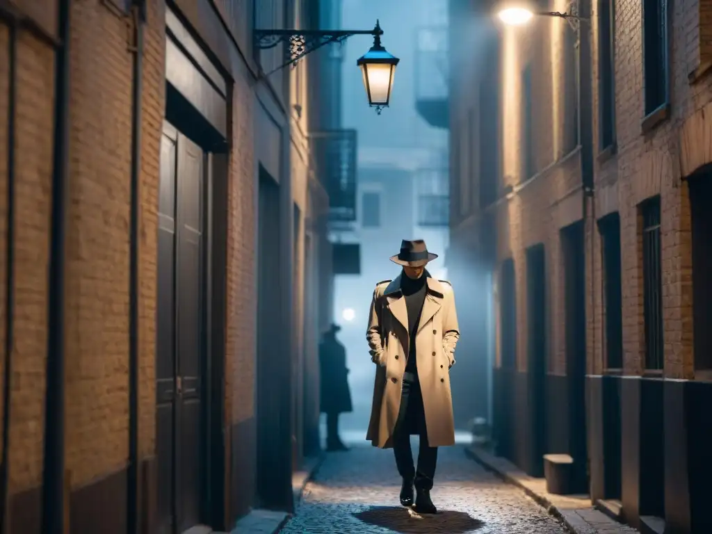 Un misterioso personaje en un callejón con sombrero y abrigo, bajo una farola tenue