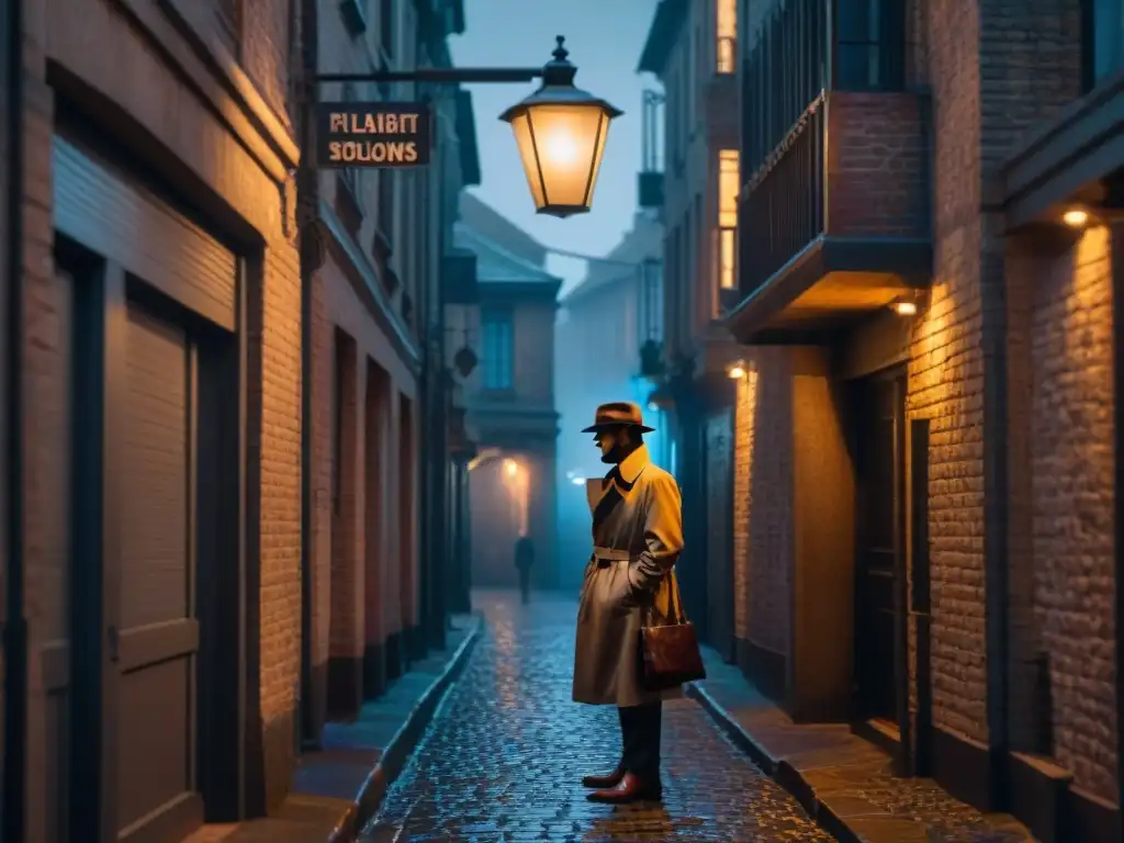 Un misterioso personaje en un callejón sombrío con un sombrero y gabardina, bajo una farola titilante