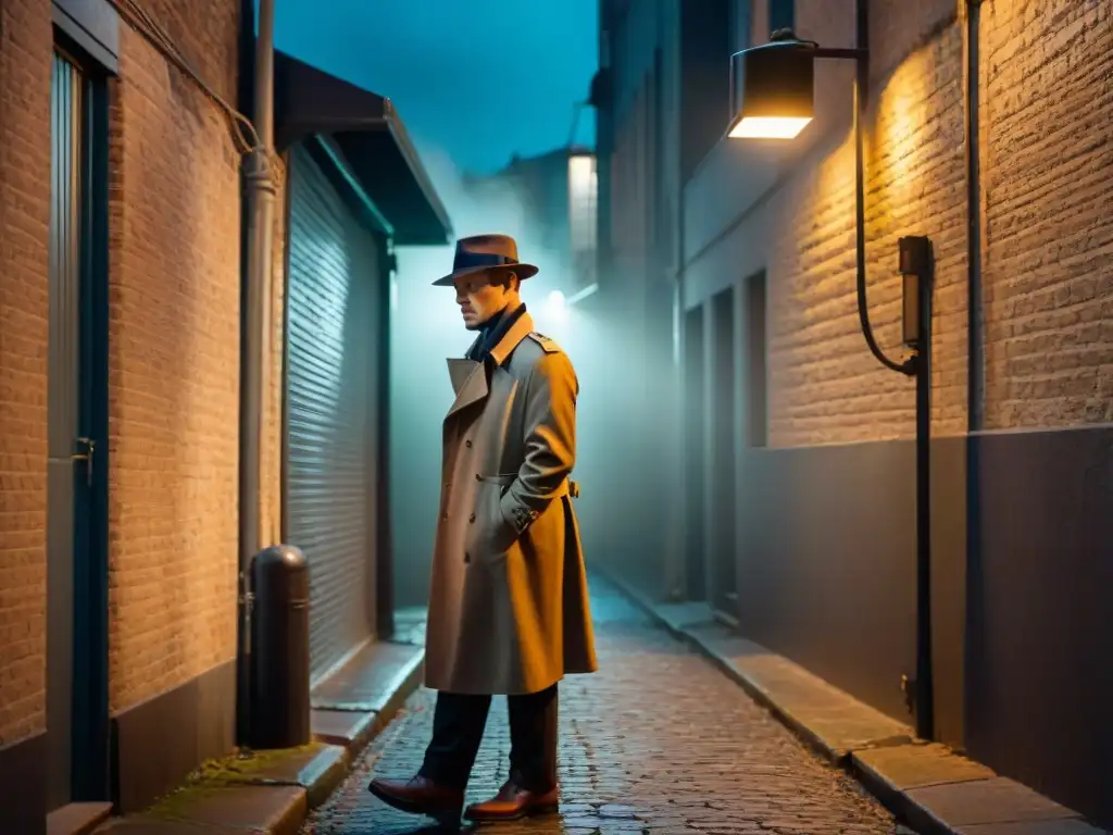 Un misterioso personaje en trench coat y fedora bajo la luz de la farola en un callejón nocturno