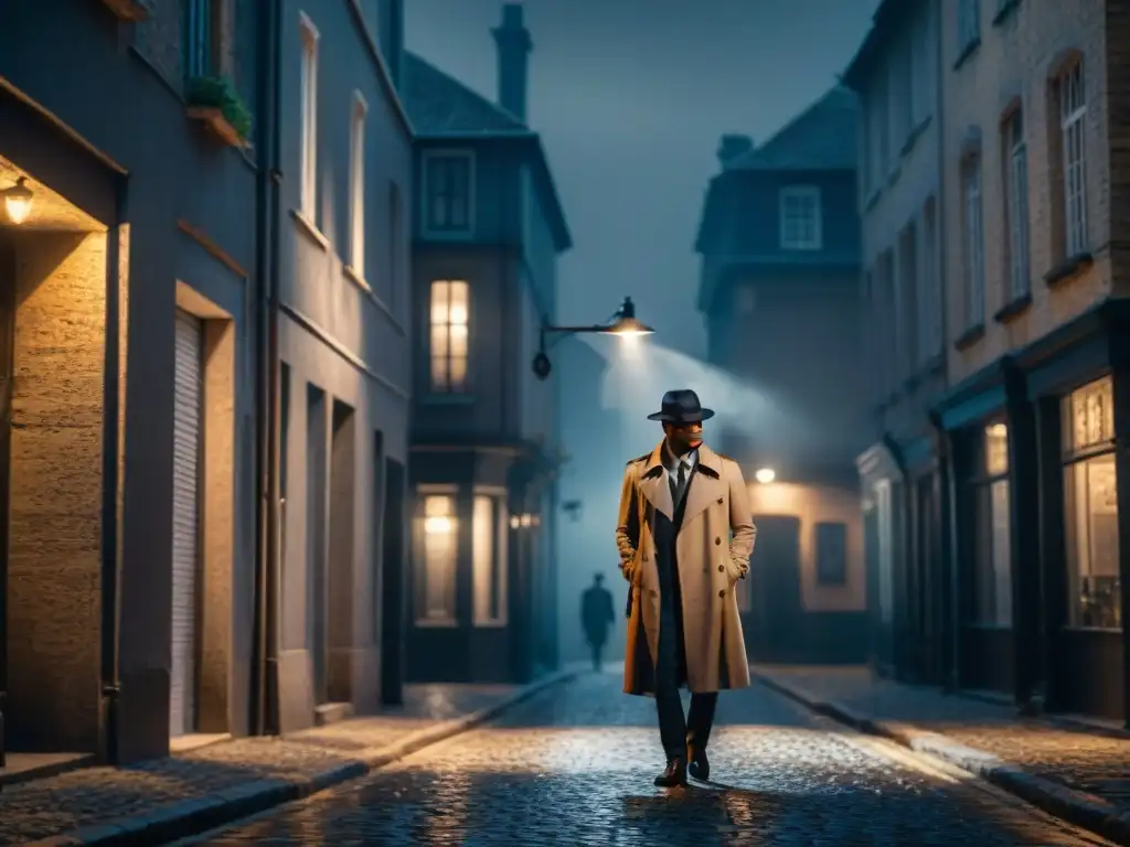 Un misterioso personaje bajo una farola en la calle empedrada, entre sombras y luces dramáticas, evocando equilibrio romance misterio cine