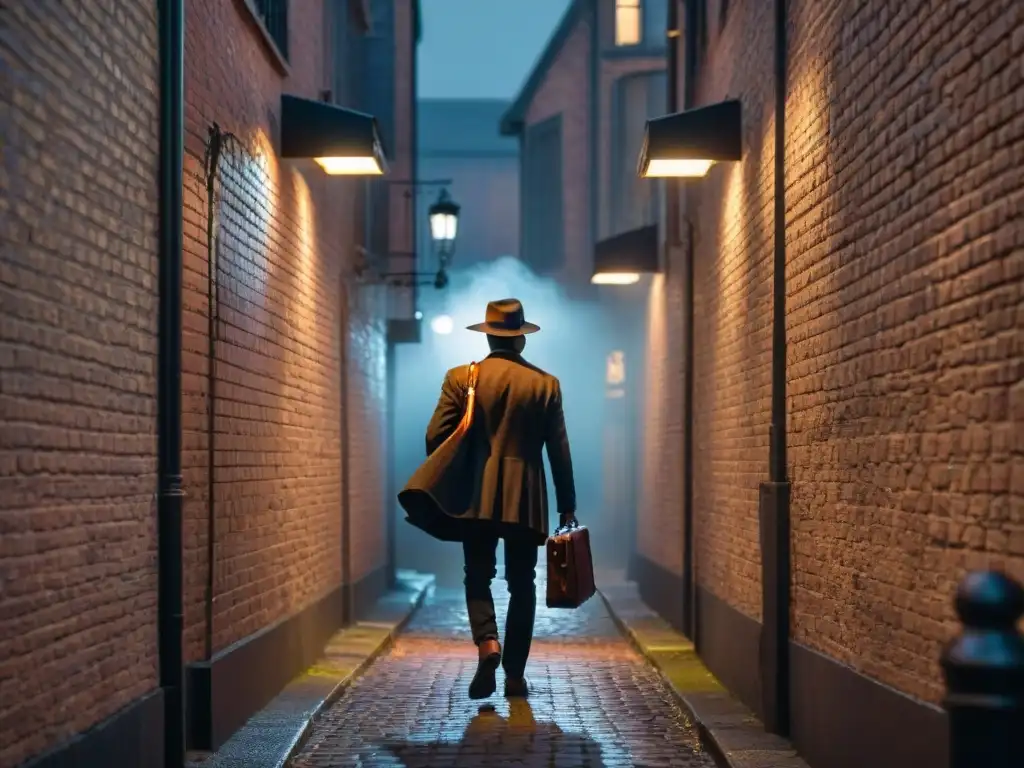 Un misterioso personaje bajo una farola en un callejón oscuro, con una maleta en mano