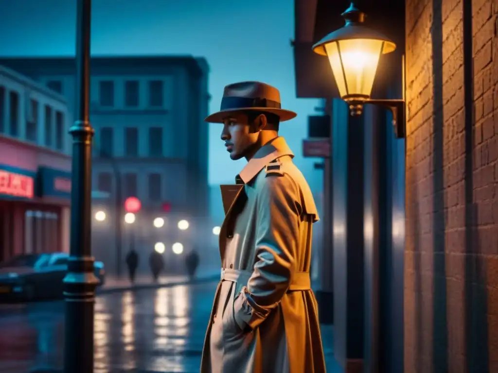 Un misterioso personaje bajo una farola en la lluvia, reflejos de luces de cine noir subestimadas