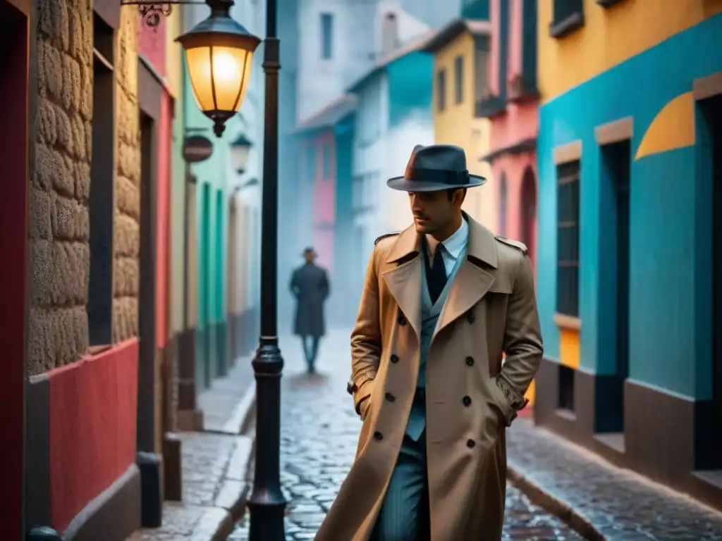 Un misterioso personaje latinoamericano en la penumbra de una calle empedrada, bajo una farola, rodeado de murales coloridos