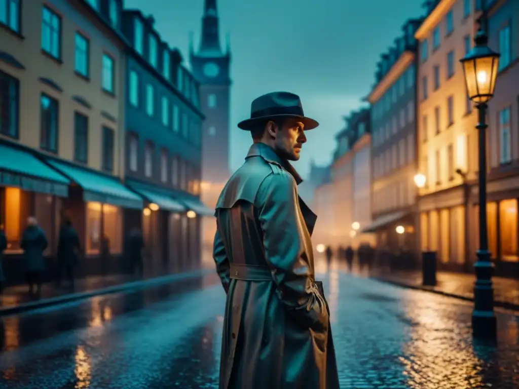 Un misterioso personaje en las lluviosas calles de Estocolmo, reflejando luces de neón