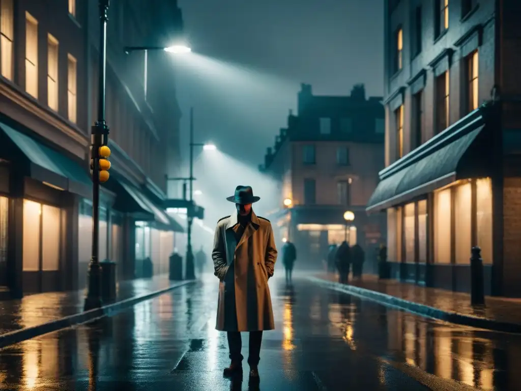 Un misterioso personaje bajo la luz de la calle en una ciudad lluviosa, evocando antihéroes del cine noir