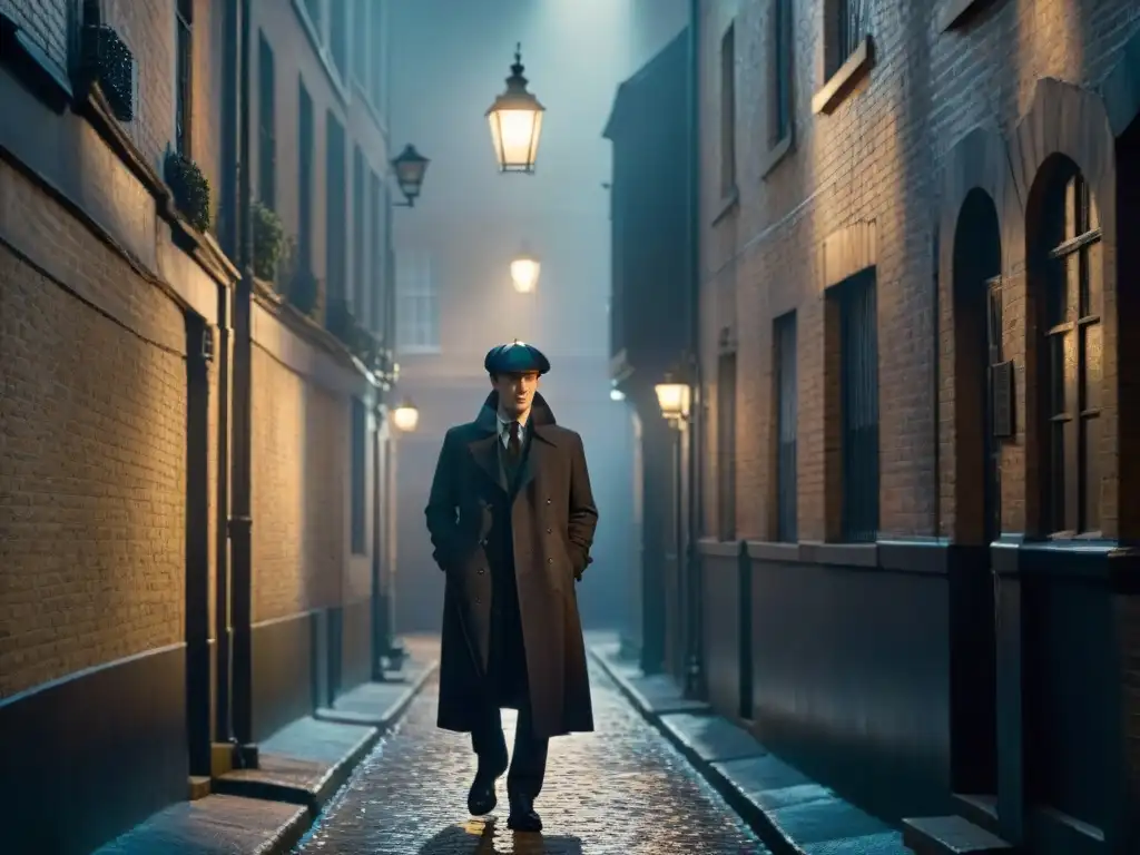 Un misterioso personaje bajo la luz de una farola en un callejón oscuro, evocando el suspense de Sherlock temporada 2 análisis