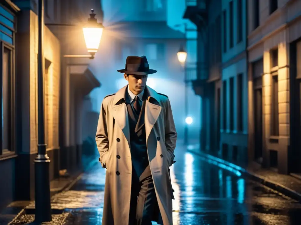 Un misterioso personaje bajo la luz de una farola en la lluvia, evocando suspense