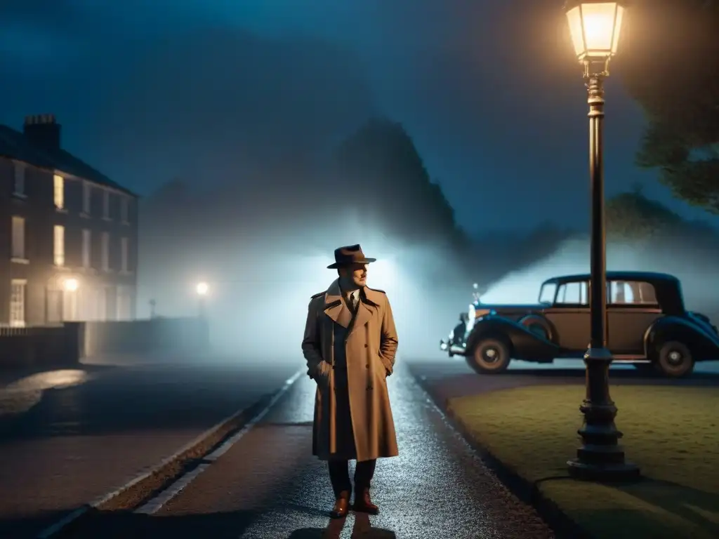 Un misterioso personaje bajo la luz de la farola, evocando las adaptaciones de Agatha Christie en pantalla