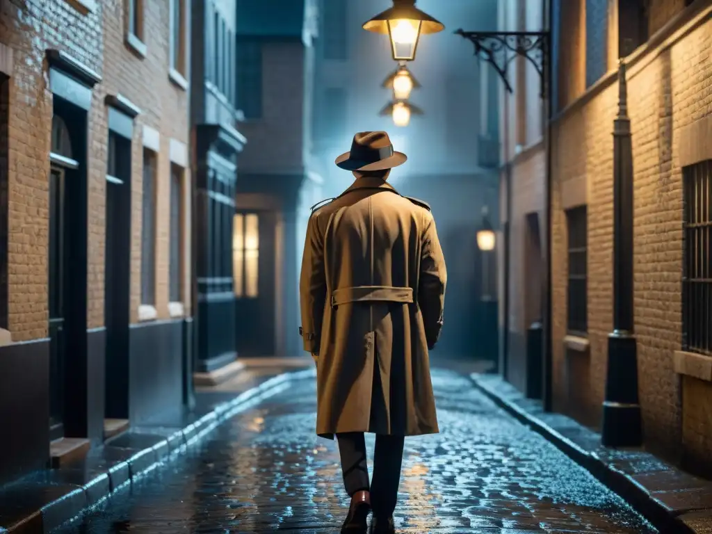 Un misterioso personaje bajo la luz de una farola en un callejón de adoquines mojados por la lluvia