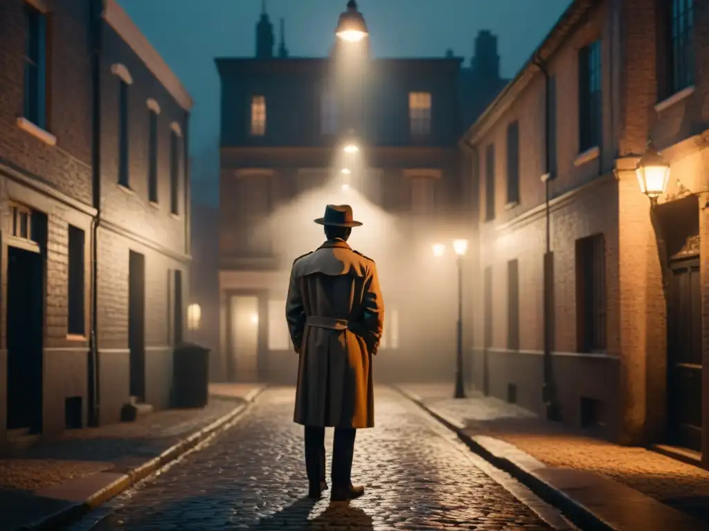 Un misterioso personaje bajo la luz de la farola en un callejón desolado, con sombras ominosas y niebla