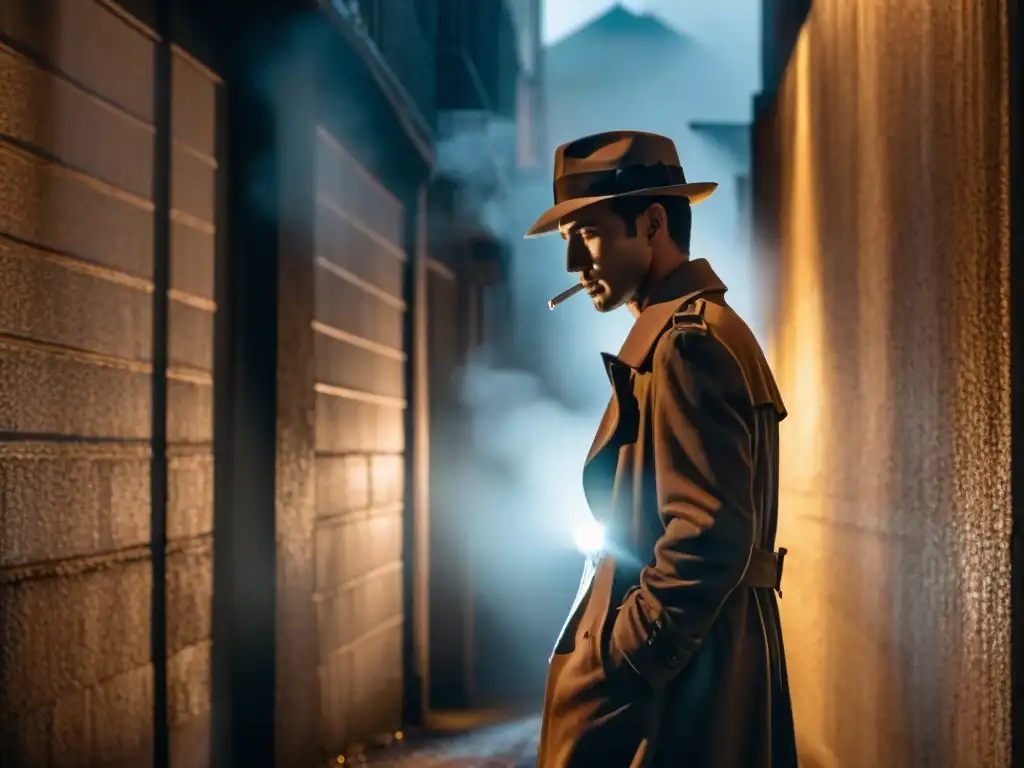 Un misterioso personaje bajo la luz de una farola en un callejón oscuro, evocando la estética de la literatura pulp en cine negro