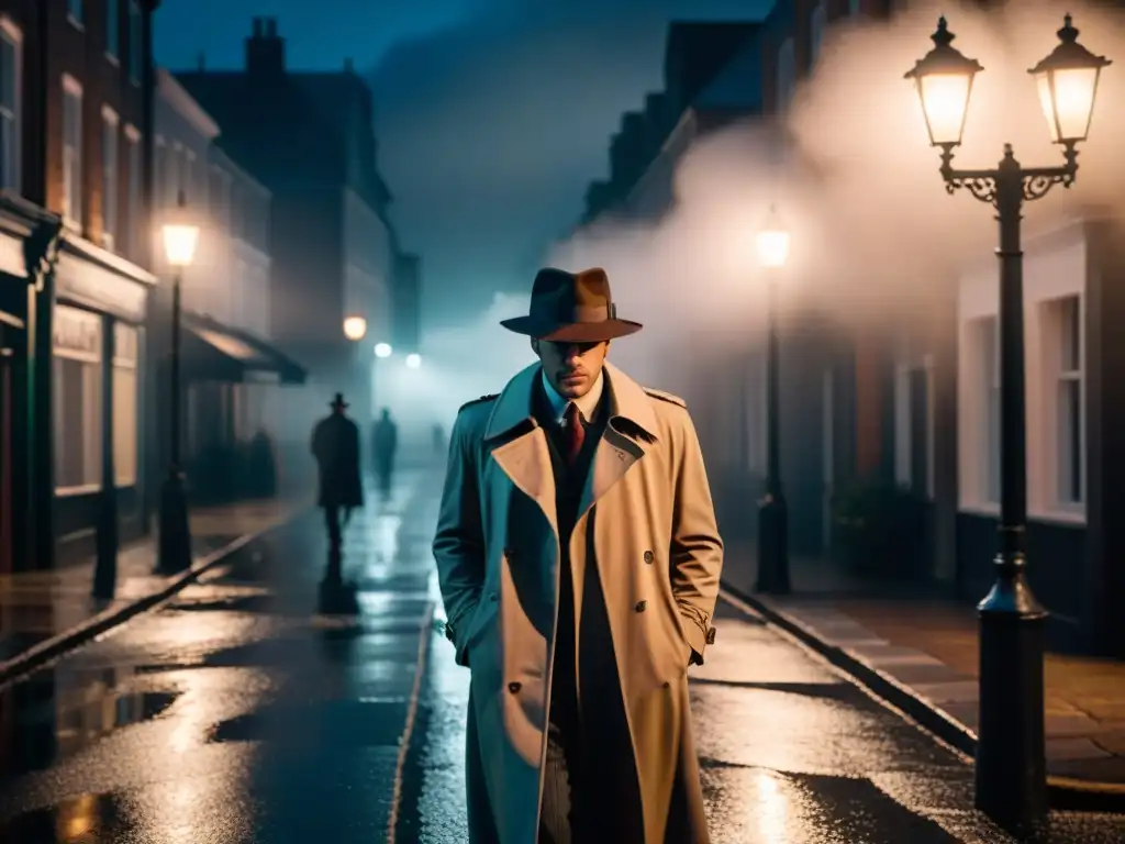 Un misterioso personaje en la niebla bajo una farola, evocando intriga en la creación de villanos en detectives