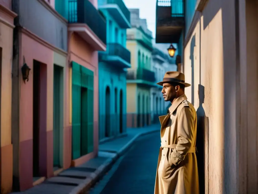 Un misterioso personaje en un oscuro callejón de La Habana, evocando crímenes en la literatura cubana