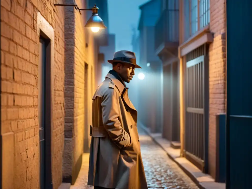 Un misterioso personaje en la penumbra de un callejón nocturno, bajo la luz de un farol