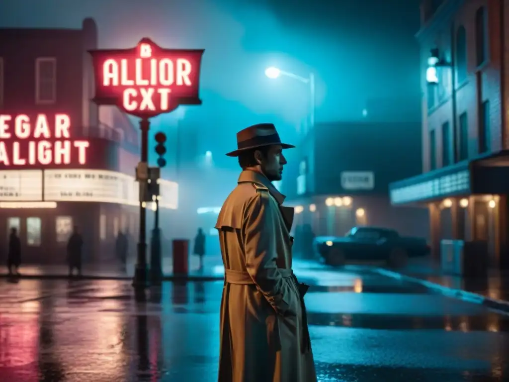 Un misterioso personaje en sombras bajo una farola en la lluvia, reflejos de neon en el suelo mojado