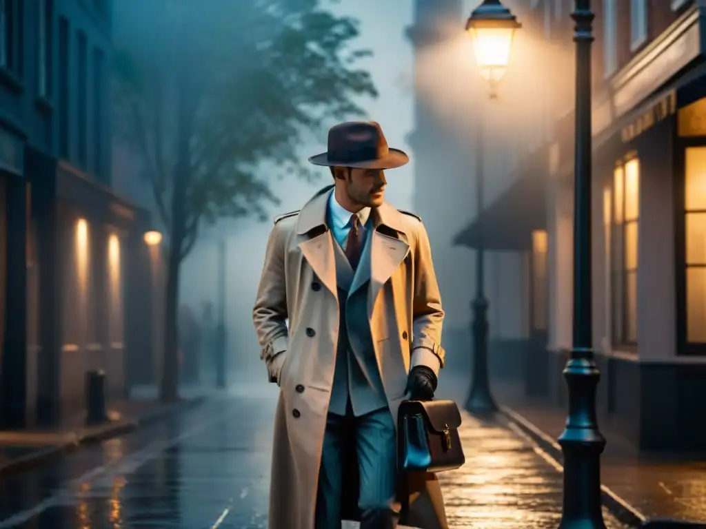 Misterioso personaje bajo farola en la niebla Un misterioso personaje en sombras bajo una farola, con niebla y un maletín, evocando un misterio psicológico adaptado al cine