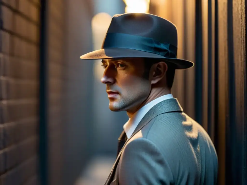 Un misterioso personaje en sombras con sombrero de fedora en un callejón, evocando el suspense del género Film Noir