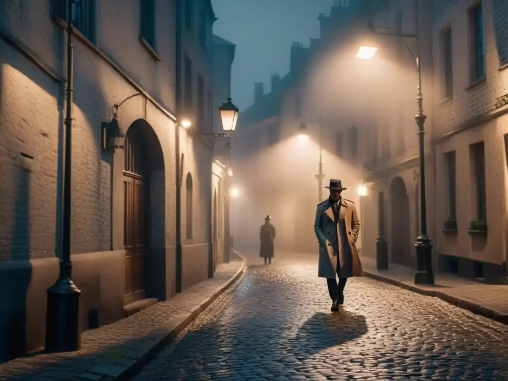 Un misterioso personaje en gabardina y sombrero de estilo noir bajo una farola en la niebla de una calle empedrada desierta