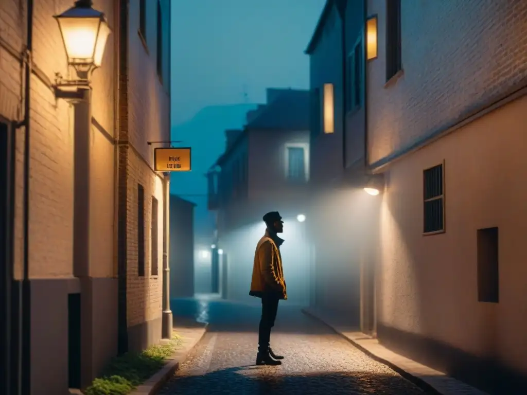 Un misterioso silueta bajo la luz de la calle en una callejuela oscura