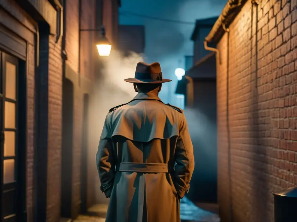 Un misterioso villano en un callejón sombrío, evocando suspenso y una estética de Film Noir