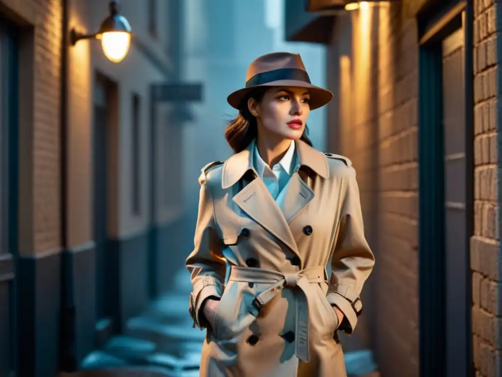 Mujer detective en callejón oscuro, con trench coat y sombrero, iluminada por farola, en ambiente noir