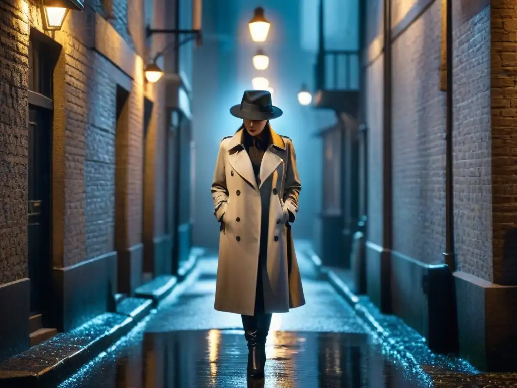 Mujer detective en callejón oscuro bajo la lluvia, investigando pista con lupa, evocando misterio y evolución en series TV