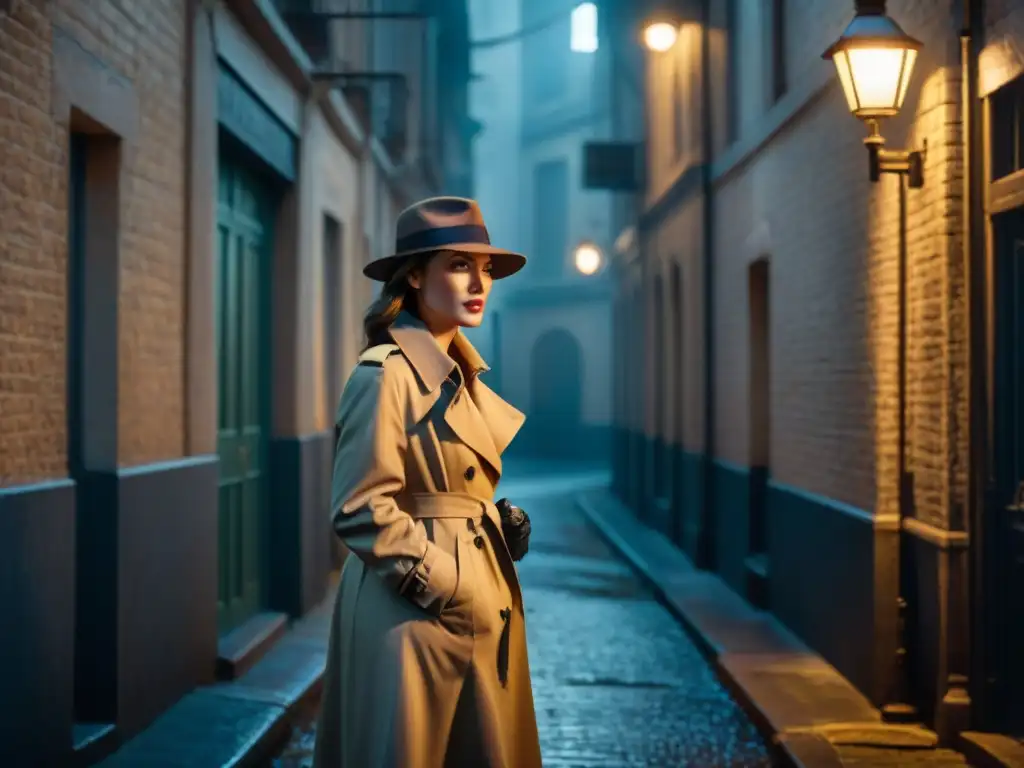 Mujer detective en un callejón oscuro, con trench y fedora, magnifying glass y revolver, capturando la estética del cine noir