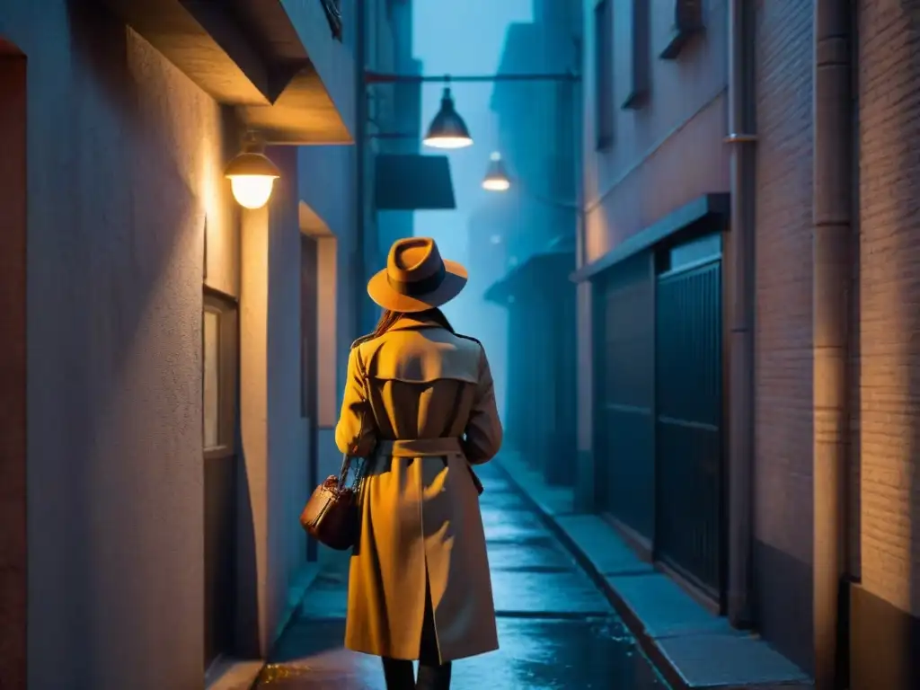 Una mujer detective en un callejón sombrío, con un letrero de neon que dice 'Detective Agency'