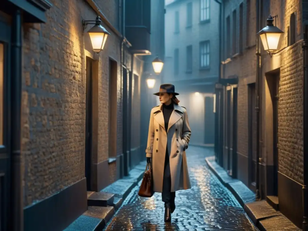 Mujer detective en callejón sombrío de cine negro, iluminada por farola