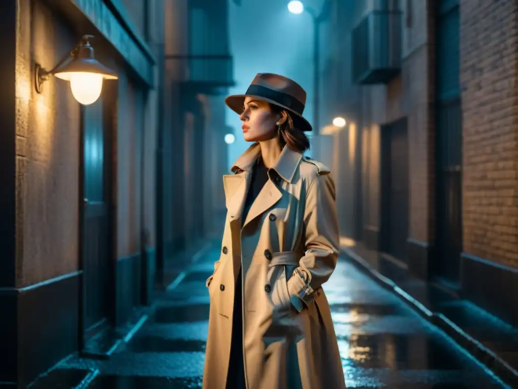 Mujer detective en cine bajo la lluvia, con gabardina y sombrero, en un oscuro callejón urbano