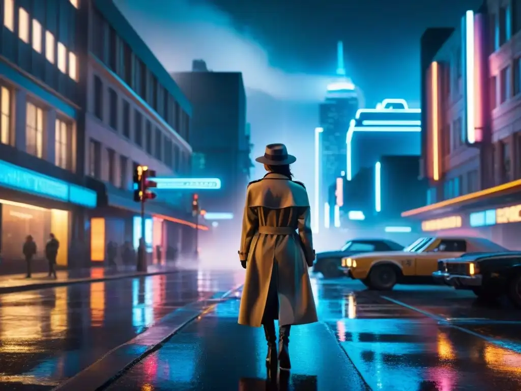 Mujer detective en ciudad futurista nocturna, con luces de neón y vehículos suspendidos, bajo farola en lluvia