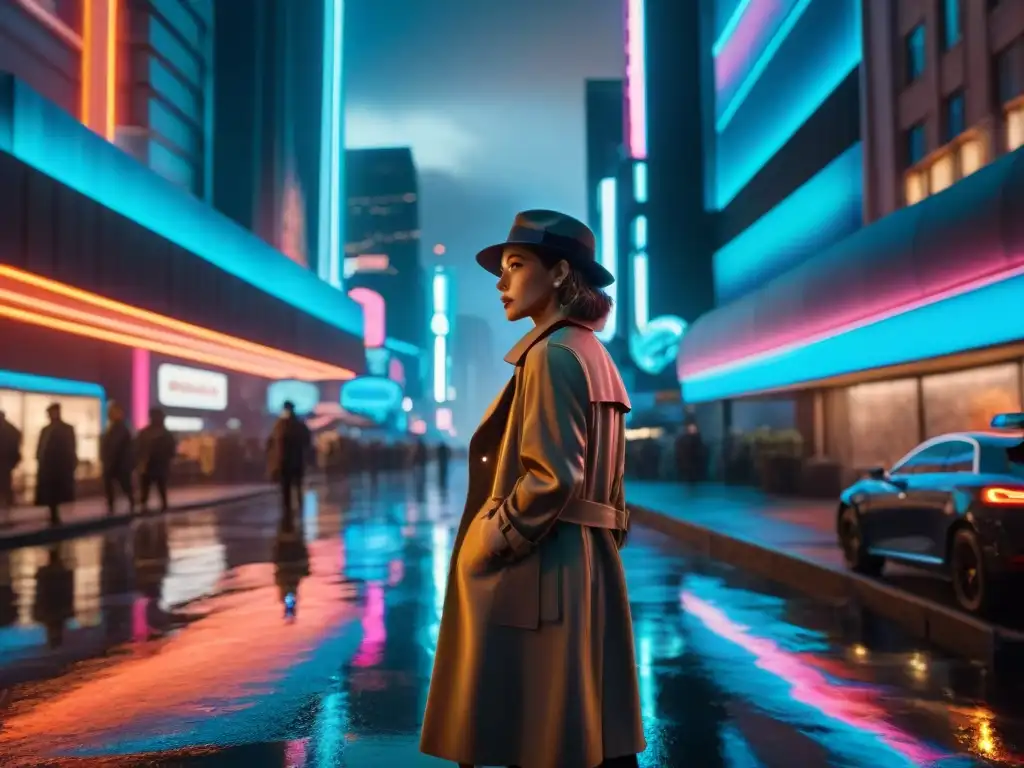 Mujer detective de ciencia ficción investigando en ciudad futurista de noche