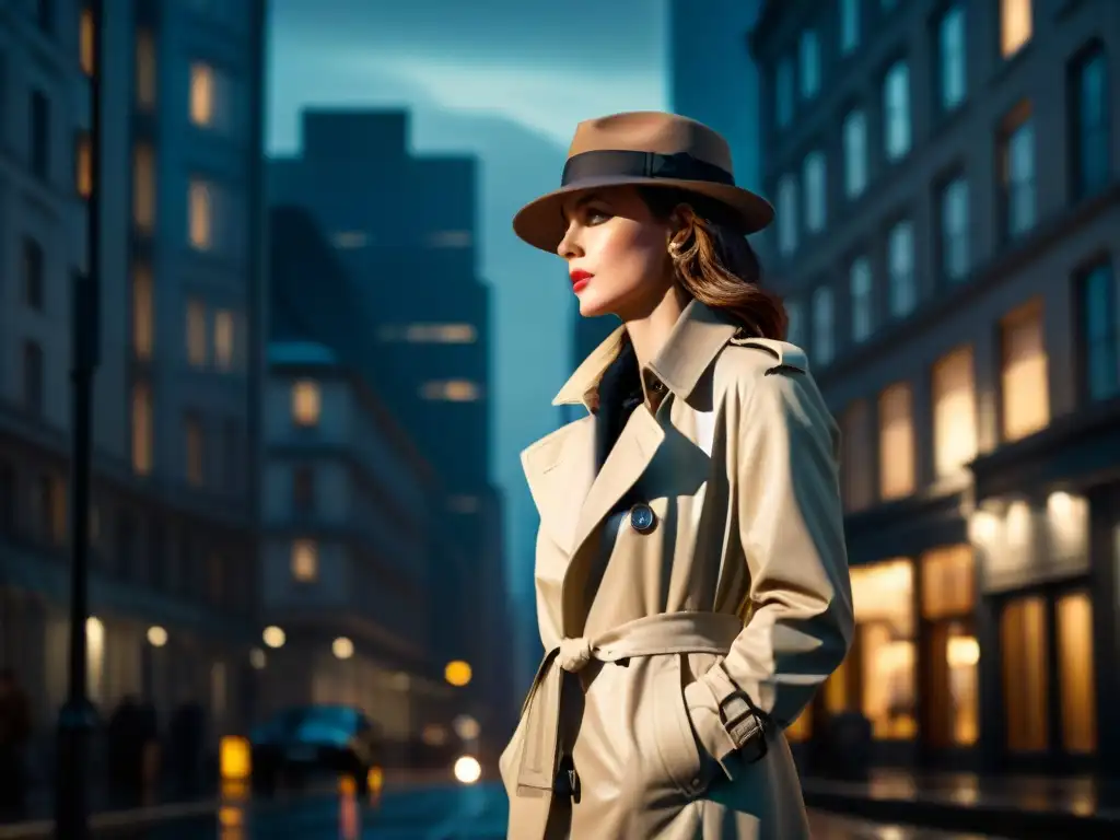 Mujer detective con estilo bajo la luz de la farola en la lluvia de la ciudad