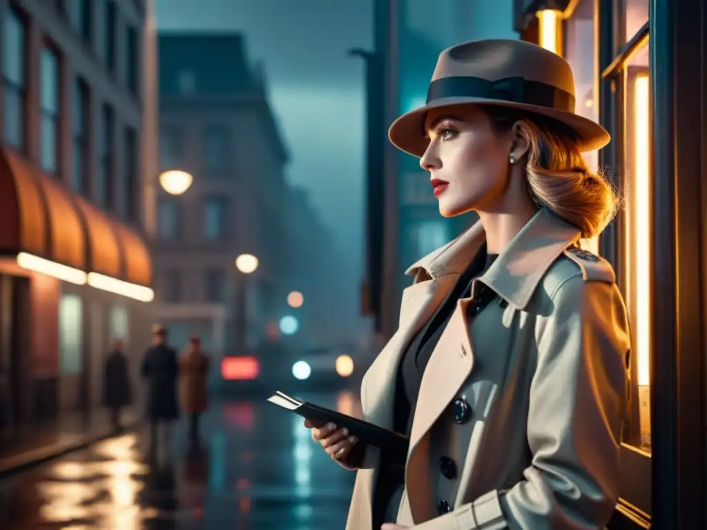 Mujer detective en la lluvia, bajo farola, con aire misterioso, urbana, en blanco y negro