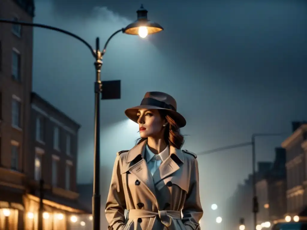 Mujer detective en la lluvia, bajo la luz de una farola, en un escenario de Film Noir