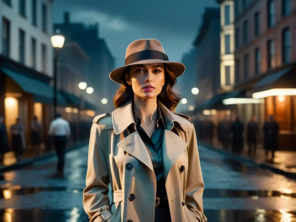 Mujer detective en la lluvia, con sombrero y pistola vintage, en una calle oscura