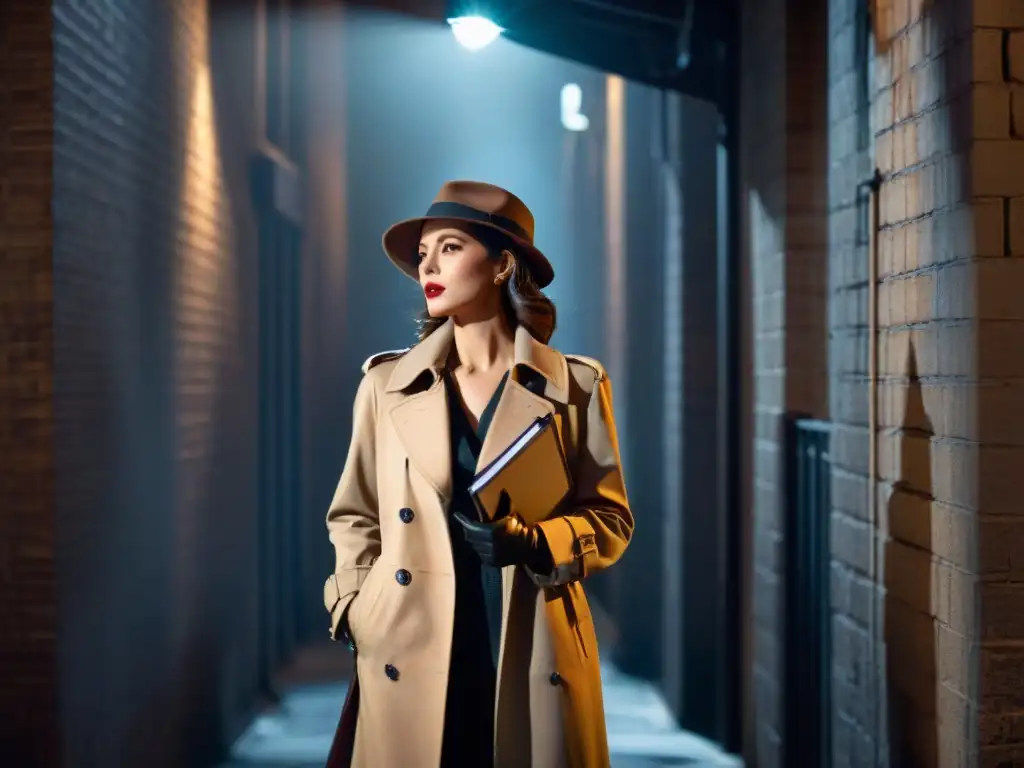 Detective misteriosa en callejón oscuro Una mujer detective misteriosa en un callejón oscuro, bajo la luz de una farola, con trench coat y fedora, determinación en su rostro