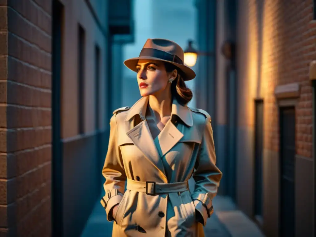 Mujer detective poderosa en un callejón sombrío, con trench y fedora, mirada firme y decidida