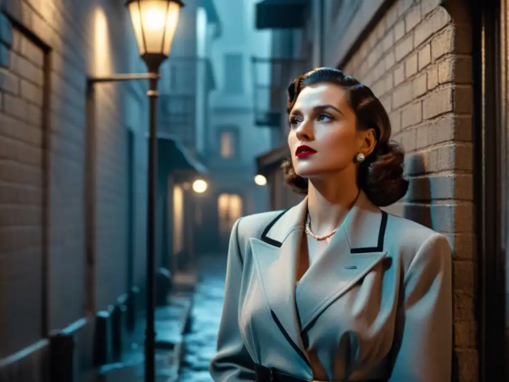 Una mujer fuerte y enigmática bajo la luz de la farola en un callejón lluvioso, evocando el cine noir