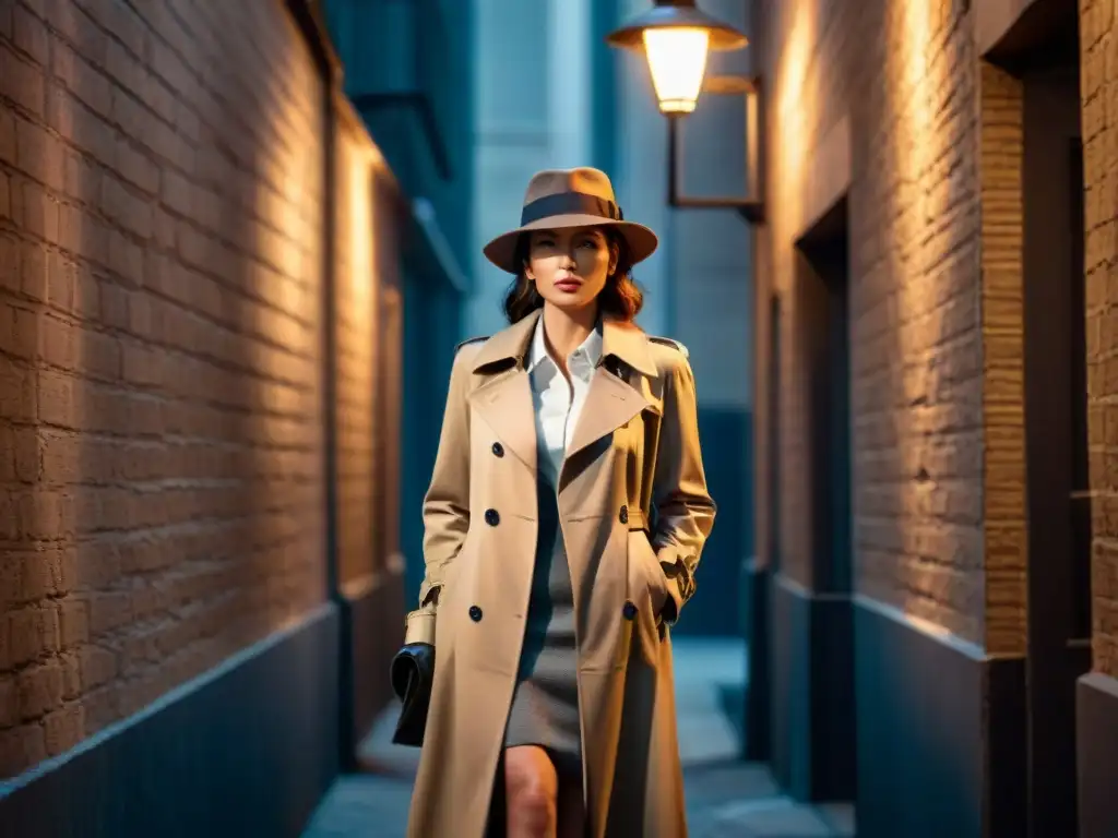 Una mujer misteriosa en un callejón noir, con gabardina y sombrero, iluminada por una farola, sosteniendo una lupa