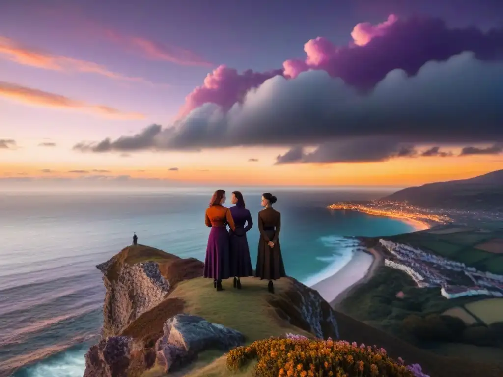 Cuatro mujeres siluetadas en un acantilado al atardecer con un cielo morado y naranja, evocando el misterio y melodrama de 'Big Little Lies'