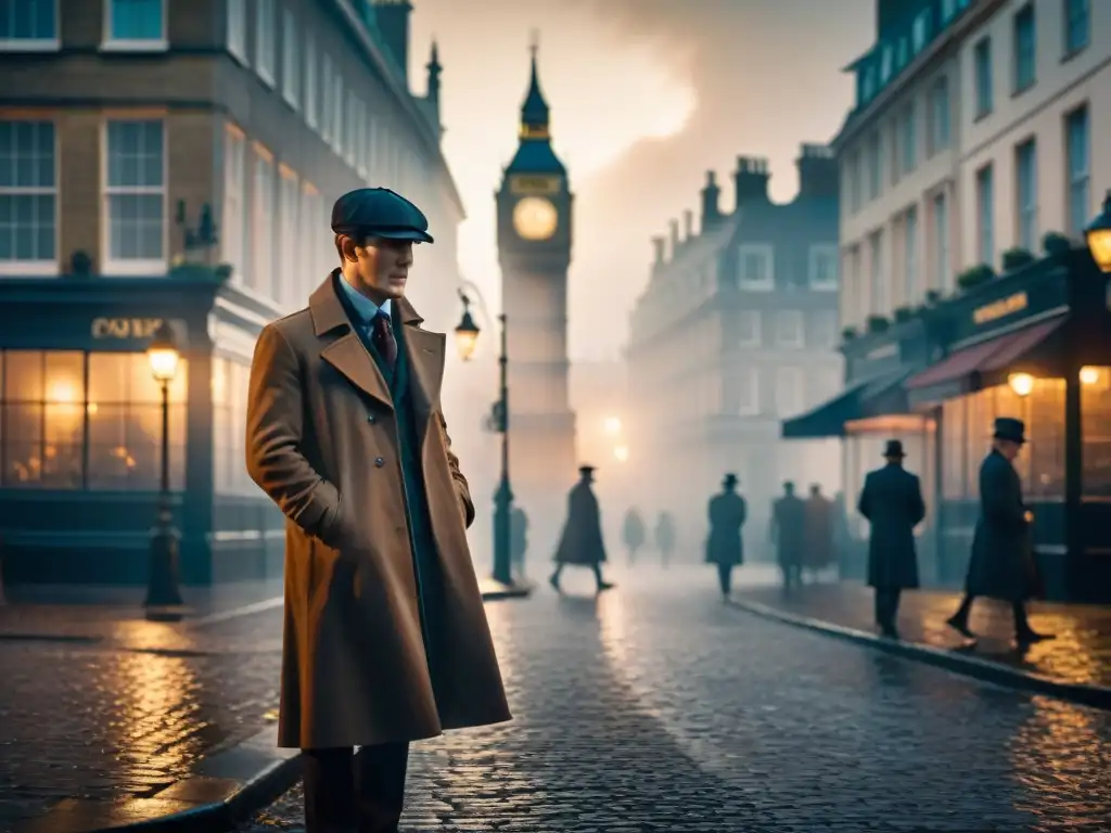 Sherlock Holmes en la niebla bajo farola en escena detectivesca