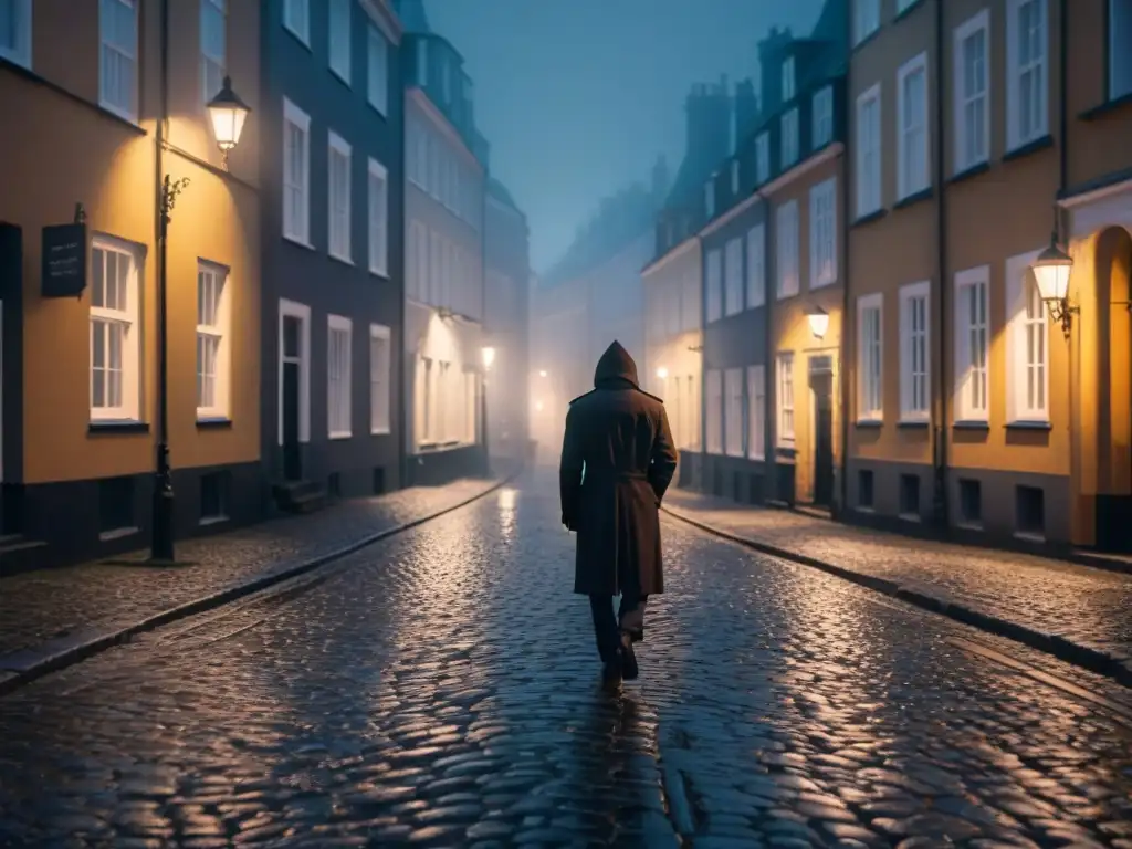 Figura misteriosa en la noche escandinava: intriga y sombras 'Noche en calle oscura y neblinosa de Escandinavia, figura misteriosa camina entre sombras