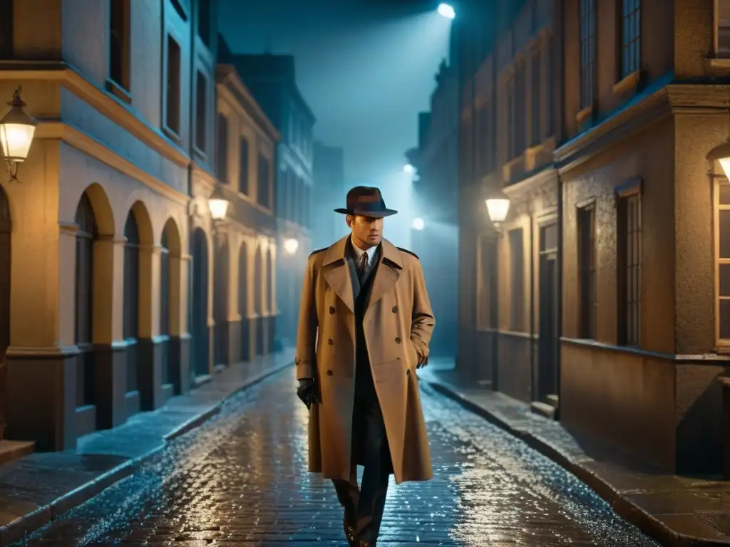 En la noche, un callejón iluminado por una farola, lluvia y un enigmático personaje mirando un edificio gótico