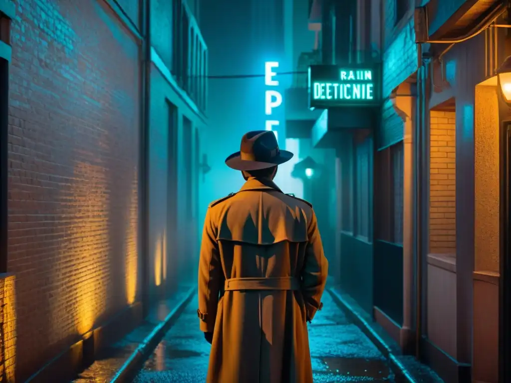 En la noche de un callejón sombrío, un detective bajo la luz de neón de 'Expediente X Detective Agency'
